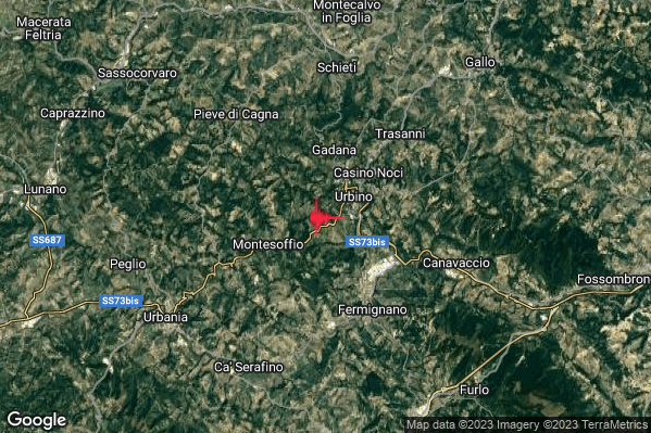 Debole Terremoto M2.3 epicentro 2 km SW Urbino (PU) alle 20:13:46 (19:13:46 UTC)