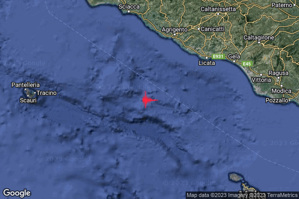 Debole Terremoto M2.5 epicentro Canale di Sicilia meridionale (MARE) alle 21:10:22 (20:10:22 UTC)