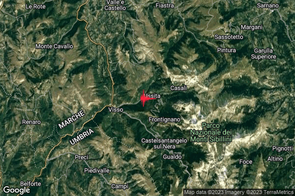 Moderato Terremoto M3.6 epicentro 1 km SW Ussita (MC) alle 21:16:49 (20:16:49 UTC)