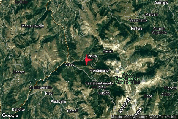 Lieve Terremoto M2.0 epicentro 1 km SW Ussita (MC) alle 00:27:34 (23:27:34 UTC)