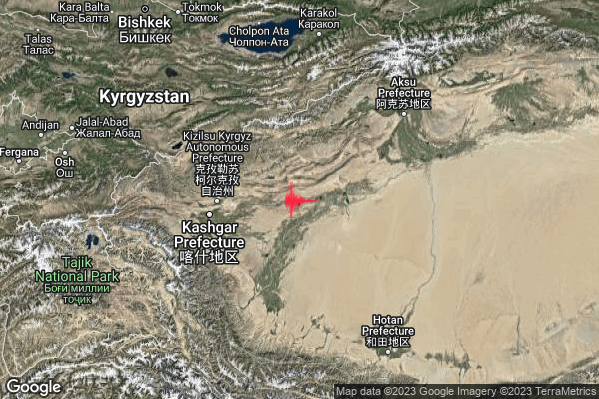 Severo Terremoto M5.5 epicentro Southern Xinjiang China [Land: China] alle 02:46:22 (01:46:22 UTC)