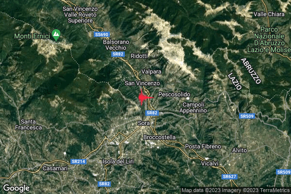 Lieve Terremoto M2.0 epicentro 3 km N Sora (FR) alle 17:17:36 (16:17:36 UTC)
