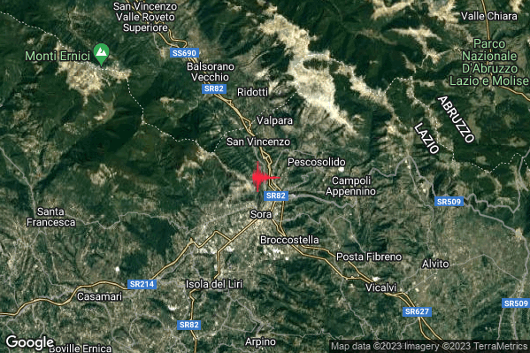 Debole Terremoto M2.3 epicentro 2 km N Sora (FR) alle 17:24:15 (16:24:15 UTC)