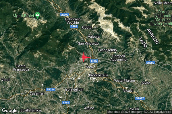 Lieve Terremoto M2.1 epicentro 2 km NW Sora (FR) alle 20:15:15 (19:15:15 UTC)