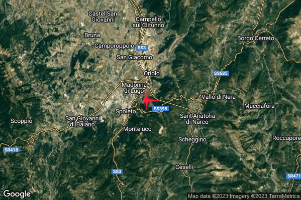 Debole Terremoto M2.3 epicentro 3 km NE Spoleto (PG) alle 10:43:20 (09:43:20 UTC)