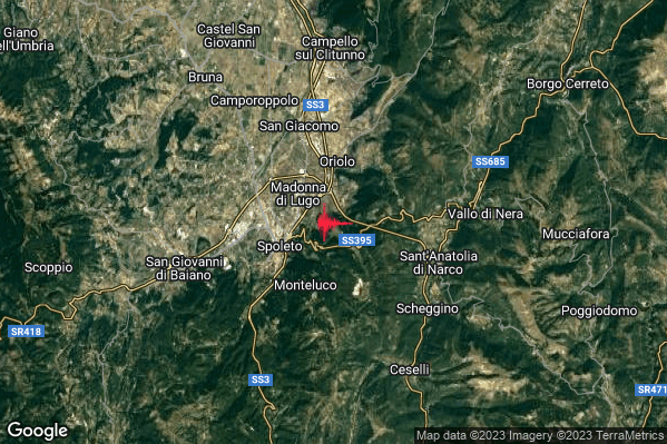 Debole Terremoto M2.3 epicentro 3 km NE Spoleto (PG) alle 05:53:22 (04:53:22 UTC)