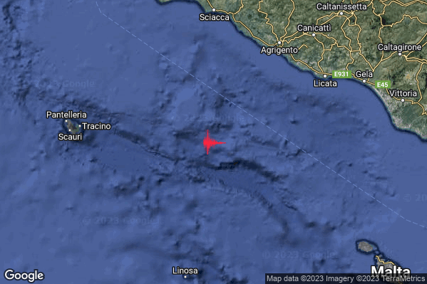 Debole Terremoto M2.6 epicentro Canale di Sicilia meridionale (MARE) alle 20:44:41 (19:44:41 UTC)