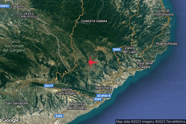 Debole Terremoto M2.4 epicentro 5 km NW Mattinata (FG) alle 00:01:21 (23:01:21 UTC)