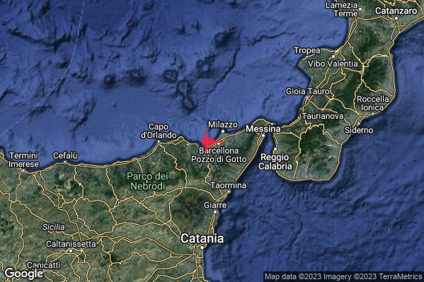 Lieve Terremoto M2.1 epicentro Costa Siciliana nord-orientale (Messina) alle 01:53:13 (00:53:13 UTC)