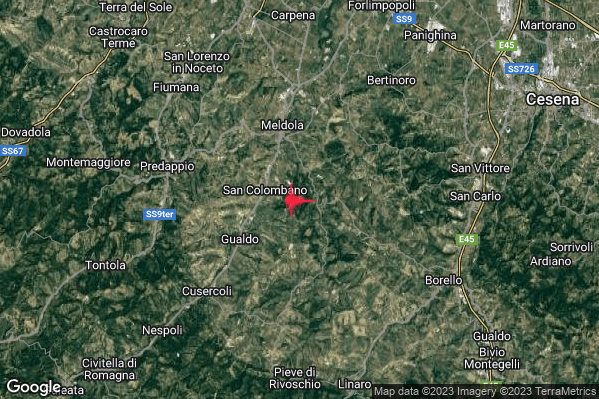 Debole Terremoto M2.4 epicentro 4 km S Meldola (FC) alle 12:57:38 (11:57:38 UTC)