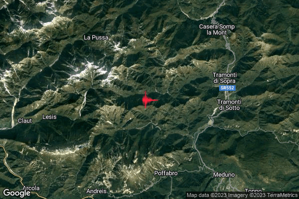 Debole Terremoto M2.5 epicentro 8 km W Tramonti di Sopra (PN) alle 13:22:10 (12:22:10 UTC)