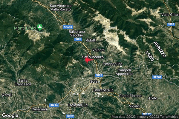 Lieve Terremoto M2.1 epicentro 4 km N Sora (FR) alle 09:22:46 (08:22:46 UTC)