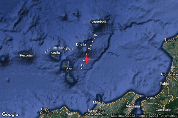 Debole Terremoto M2.5 epicentro Isole Eolie (Messina) alle 04:51:18 (03:51:18 UTC)