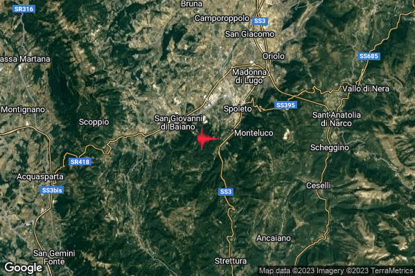 Leggero Terremoto M3.2 epicentro 3 km SW Spoleto (PG) alle 19:42:45 (18:42:45 UTC)