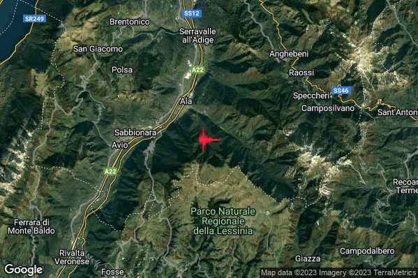 Leggero Terremoto M2.8 epicentro 3 km SE Ala (TN) alle 06:47:10 (05:47:10 UTC)