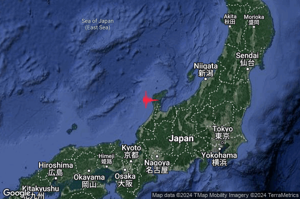 Severo Terremoto M5.5 epicentro Near west coast of eastern Honshu Japan [Sea: Japan] alle 08:18:46 (07:18:46 UTC)