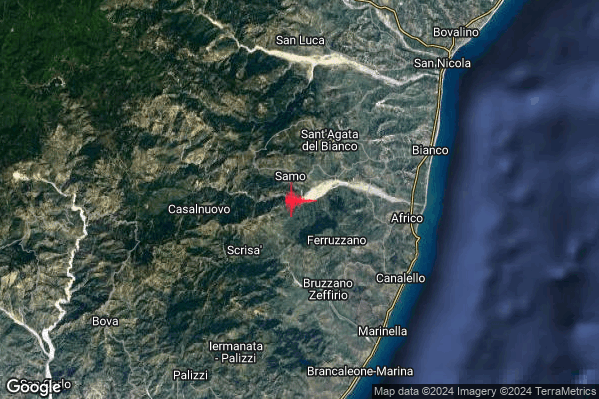 Debole Terremoto M2.7 epicentro 2 km S Samo (RC) alle 03:55:24 (02:55:24 UTC)