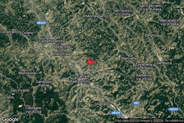 Lieve Terremoto M2.1 epicentro 3 km NE Certaldo (FI) alle 19:07:46 (18:07:46 UTC)