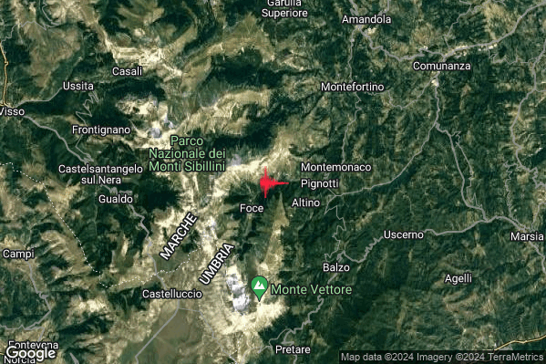Debole Terremoto M2.3 epicentro 4 km W Montemonaco (AP) alle 22:40:52 (21:40:52 UTC)