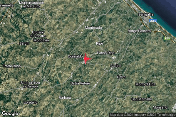 Leggero Terremoto M3.0 epicentro 3 km E Corinaldo (AN) alle 03:22:42 (02:22:42 UTC)