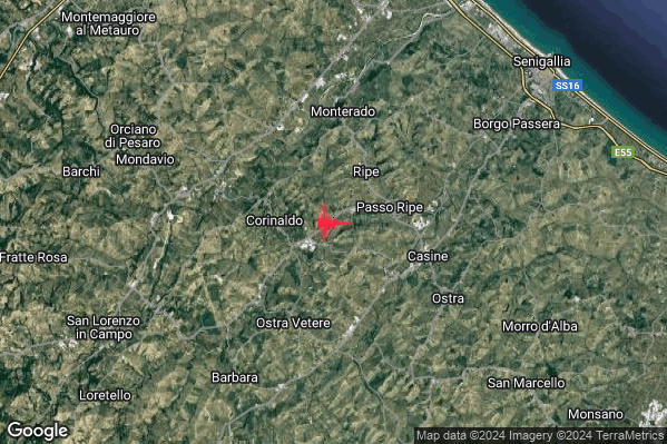 Debole Terremoto M2.4 epicentro 3 km E Corinaldo (AN) alle 05:23:50 (04:23:50 UTC)