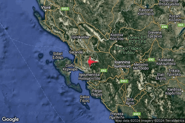 Intenso Terremoto M4.3 epicentro Confine Grecia-Albania (GRECIA ALBANIA) alle 22:52:00 (21:52:00 UTC)