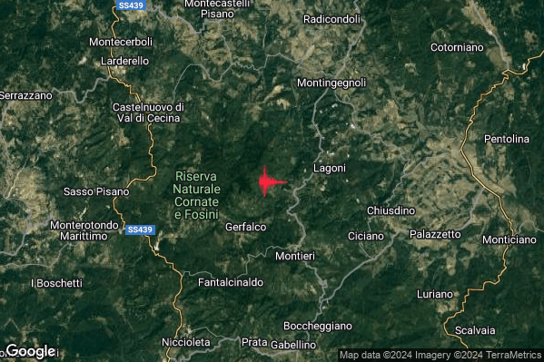 Lieve Terremoto M2.1 epicentro 5 km NW Montieri (GR) alle 05:23:15 (04:23:15 UTC)