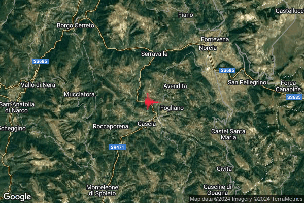 Lieve Terremoto M2.0 epicentro 2 km N Cascia (PG) alle 01:31:28 (00:31:28 UTC)
