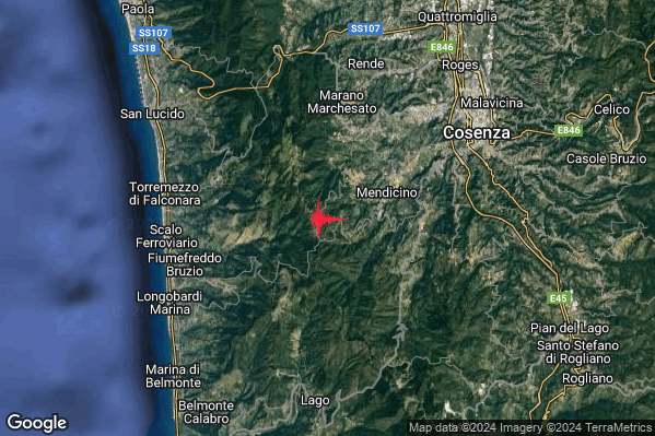 Lieve Terremoto M2.1 epicentro 3 km SW Cerisano (CS) alle 11:11:53 (10:11:53 UTC)