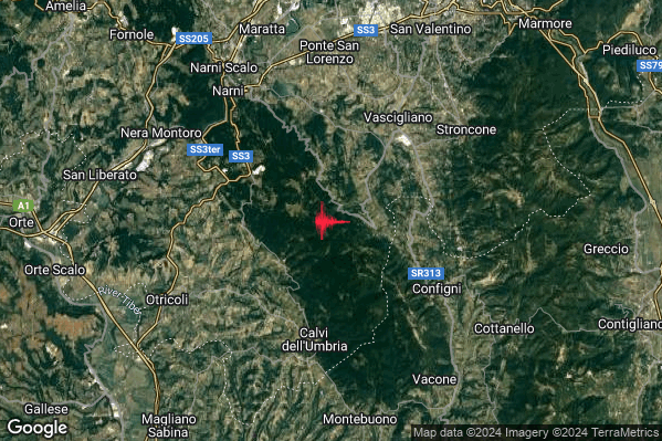 Debole Terremoto M2.3 epicentro 6 km N Calvi dell'Umbria (TR) alle 00:42:39 (23:42:39 UTC)
