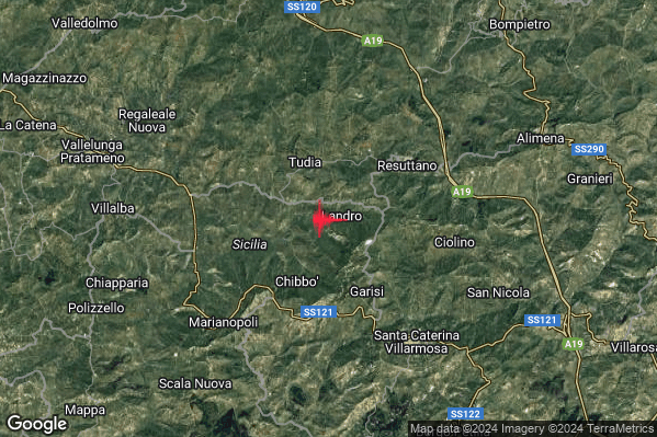 Debole Terremoto M2.5 epicentro 6 km SW Resuttano (CL) alle 02:21:16 (01:21:16 UTC)