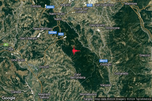 Leggero Terremoto M2.8 epicentro 6 km N Calvi dell'Umbria (TR) alle 02:42:45 (01:42:45 UTC)