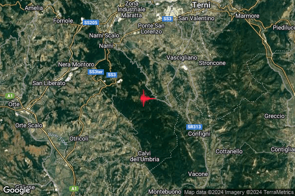 Debole Terremoto M2.5 epicentro 7 km N Calvi dell'Umbria (TR) alle 03:15:45 (02:15:45 UTC)
