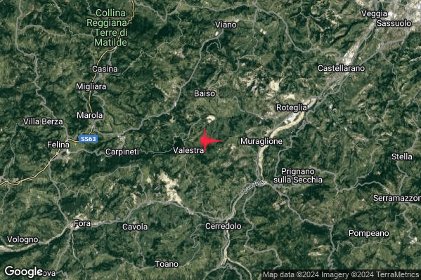Debole Terremoto M2.5 epicentro 4 km S Baiso (RE) alle 07:39:51 (06:39:51 UTC)