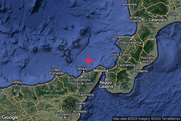 Debole Terremoto M2.3 epicentro Costa Siciliana nord-orientale (Messina) alle 17:25:21 (16:25:21 UTC)