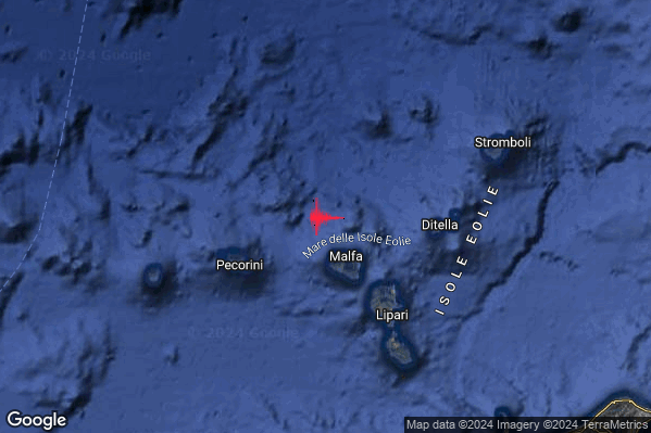 Debole Terremoto M2.5 epicentro Isole Eolie (Messina) alle 22:27:46 (21:27:46 UTC)