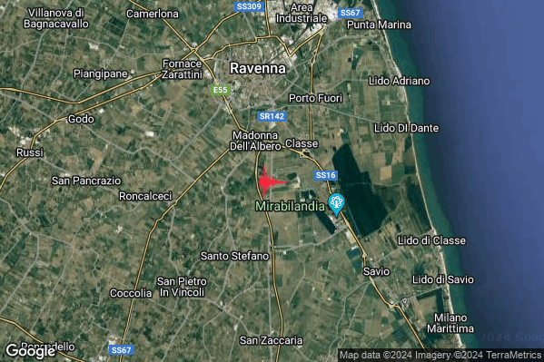Lieve Terremoto M2.2 epicentro 7 km S Ravenna (RA) alle 21:32:51 (20:32:51 UTC)