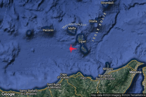 Debole Terremoto M2.7 epicentro Isole Eolie (Messina) alle 23:14:48 (22:14:48 UTC)