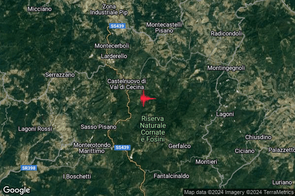 Lieve Terremoto M2.1 epicentro 3 km SE Castelnuovo di Val di Cecina (PI) alle 10:22:42 (09:22:42 UTC)