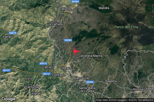 Lieve Terremoto M2.1 epicentro 5 km NE Adrano (CT) alle 23:59:45 (22:59:45 UTC)