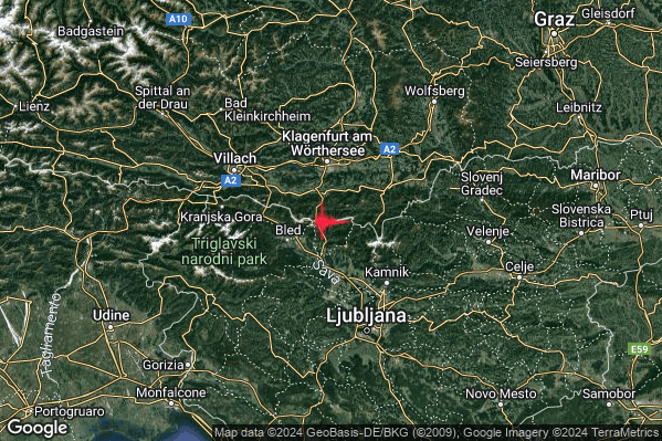 Debole Terremoto M2.4 epicentro Confine Austri-Slovenia (AUSTRIA SLOVENIA) alle 11:14:30 (10:14:30 UTC)