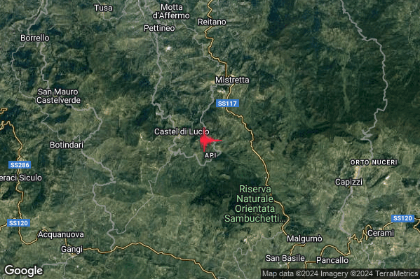 Lieve Terremoto M2.2 epicentro 3 km E Castel di Lucio (ME) alle 21:30:26 (20:30:26 UTC)