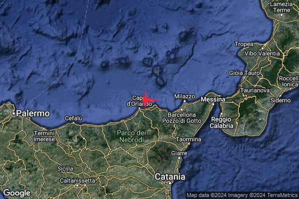 Leggero Terremoto M3.2 epicentro Costa Siciliana nord-orientale (Messina) alle 01:49:12 (00:49:12 UTC)