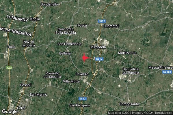 Lieve Terremoto M2.2 epicentro 3 km SW Mirandola (MO) alle 15:11:42 (14:11:42 UTC)