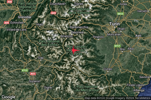 Leggero Terremoto M2.9 epicentro Confine Italia-Francia (FRANCIA) alle 03:42:52 (02:42:52 UTC)