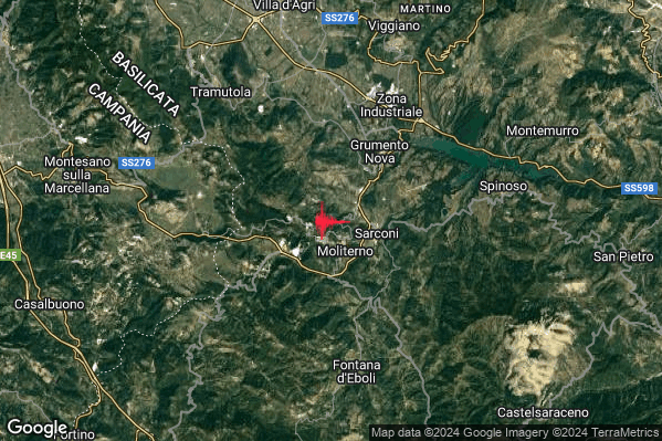 Debole Terremoto M2.4 epicentro 2 km NW Moliterno (PZ) alle 04:52:12 (03:52:12 UTC)