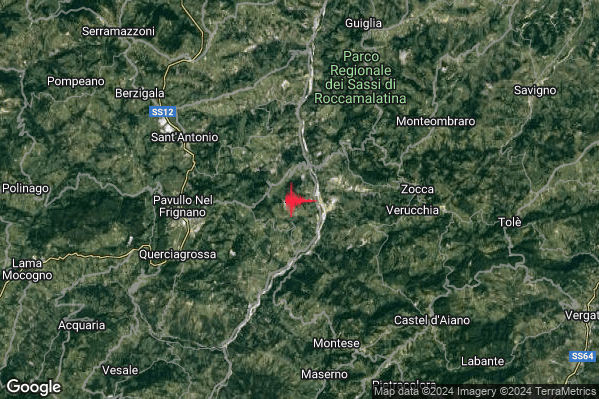 Leggero Terremoto M2.8 epicentro 6 km E Pavullo nel Frignano (MO) alle 08:32:34 (07:32:34 UTC)