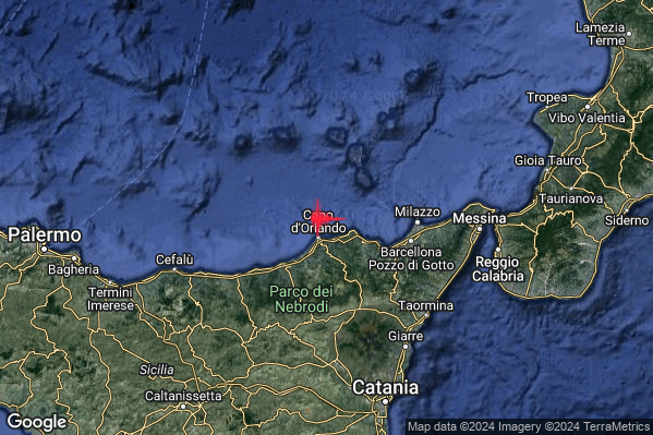 Lieve Terremoto M2.1 epicentro Costa Siciliana nord-orientale (Messina) alle 09:11:16 (08:11:16 UTC)