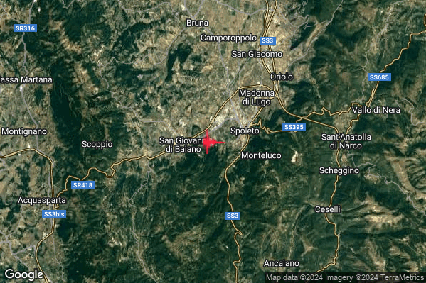 Debole Terremoto M2.6 epicentro 3 km W Spoleto (PG) alle 16:58:58 (15:58:58 UTC)