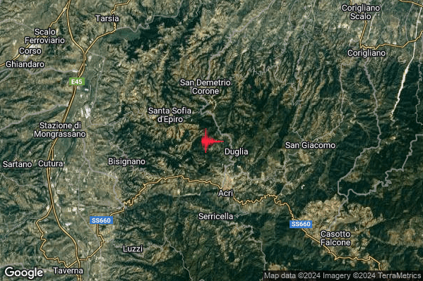 Lieve Terremoto M2.0 epicentro 4 km SE Santa Sofia d'Epiro (CS) alle 15:42:15 (14:42:15 UTC)